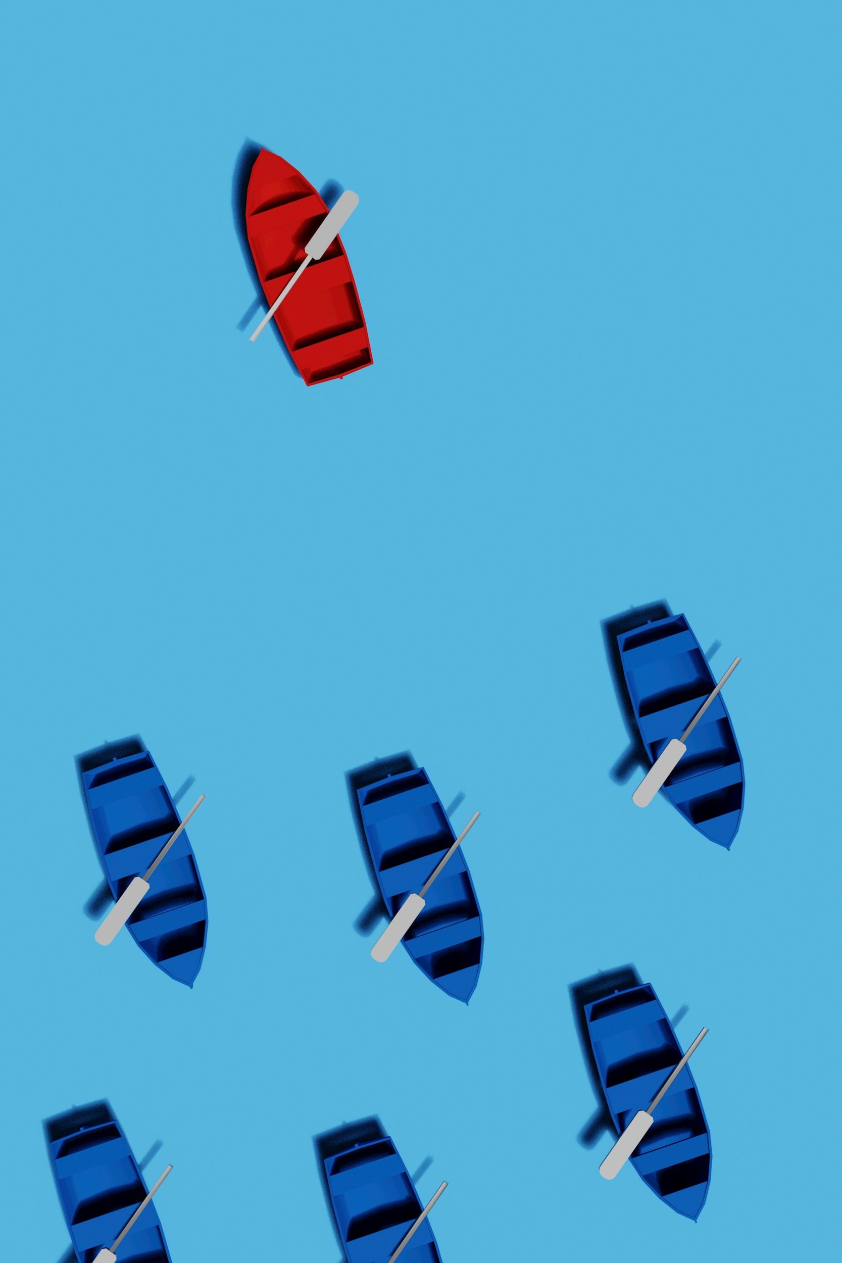 One red boat stands apart from a group of blue boats